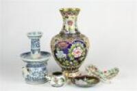 Blue & White Vessel with a Cloisonne Vase & Dish
