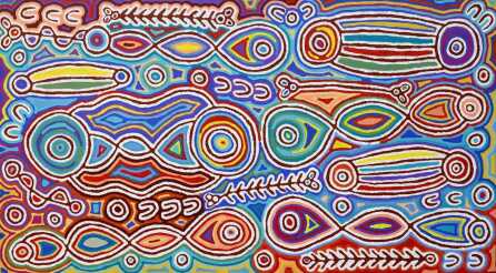 JUDY WATSON NAPANGARDI (c.1935-2016) "Mina Mina" Acrylic on linen. Painted in 2014 Comes with Certificate of Authenticity. Artwork is stretched and ready to hang. 100cm x 181cm