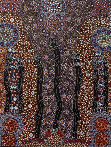 CINDY WALLACE NUNGURRAYI "Dreamtime Sisters" Acrylic on canvas. Painted in 2022. Artwork is stretched and ready to hang. 127cm x 96cm