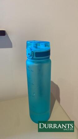 Blue Plastic Water Bottle, 32 oz Capacity, Flip-Top Lid with Strap