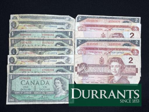 Canadian $1 and $2 Banknotes - 1967 Centennial & Pre-Loonie Notes, Multiple Serial Numbers