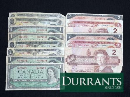 Canadian $1 and $2 Banknotes - 1967 Centennial & Pre-Loonie Notes, Multiple Serial Numbers