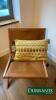 Minimalist Tan Leather Lounge Chair, Wooden Frame, Includes Decorative Yellow Cushion