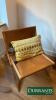 Minimalist Tan Leather Lounge Chair, Wooden Frame, Includes Decorative Yellow Cushion - 2