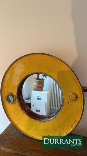 Vintage Shell-Branded Repurposed Industrial Mirror, Yellow Metal Frame