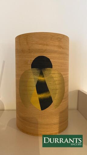 Natural Wooden Lampshade, Abstract Black & Yellow Pattern, Cylindrical Design
