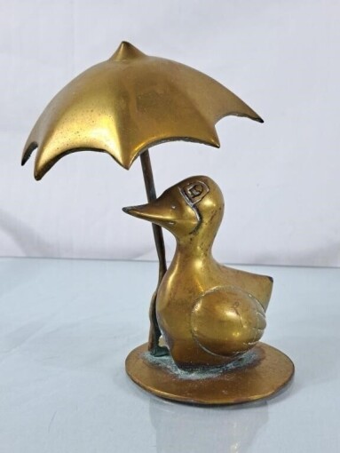 Solid Brass Duck w/Umbrella Figurine
