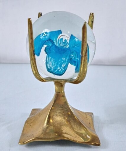 Blue Floral Paperweight in Brass Holder