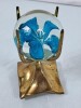 Blue Floral Paperweight in Brass Holder - 3
