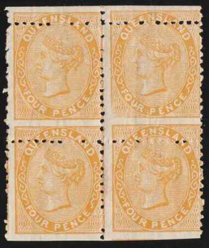 1879-81 QV Sideface 4d orange-yellow, blk of 4