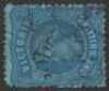 1873-87 QV 1/- indigo on blue, wmk V crown (w19) SIDEWAYS, rough perf 13