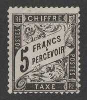 1881-92 Postage Due 5Fr black. VFU appearance, expertly repaired UL cnr perf, light cancel.