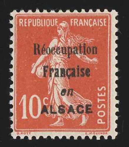 1915 'Reoccupation Francaise en ALSACE' opt Sower 10c red, unframed opt type, unissued essay.