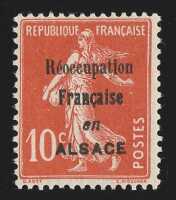 1915 'Reoccupation Francaise en ALSACE' opt Sower 10c red, unframed opt type, unissued essay.