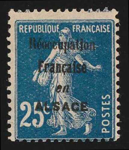 1915 'Reoccupation Francaise en ALSACE' opt Sower 25c blue, unframed opt type, unissued essay.