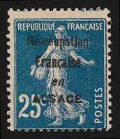 1915 'Reoccupation Francaise en ALSACE' opt Sower 25c blue, unframed opt type, unissued essay.