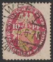 1926 Welfare Fund 10pf+10pf red, gold & carmine Arms, wmk mesh VERTICAL