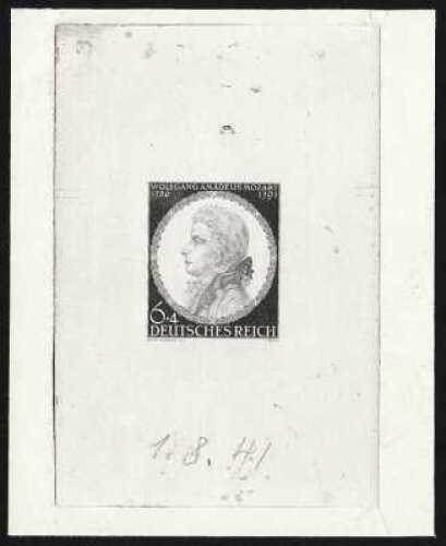 1941 Mozart Death Anniv 6+4pf black, imperf DIE PROOF (92x78mm) with sunken surround margins on...