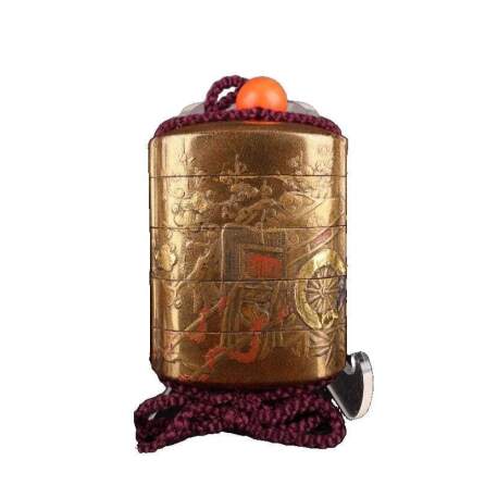 Makie Inro with Gosho-guruma (Imperial Carriage) and Chrysanthemum Grass Pattern, Gold Inlay, Five