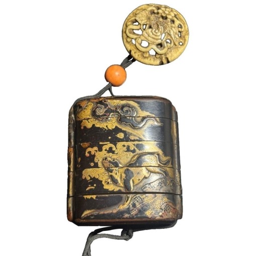 Dragon and Lion Inro with Maki-e and Netsuke, Antique
