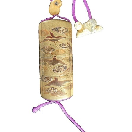 Period Object: Inro with Maki-e Bird Motif, Netsuke Attachment, Antique