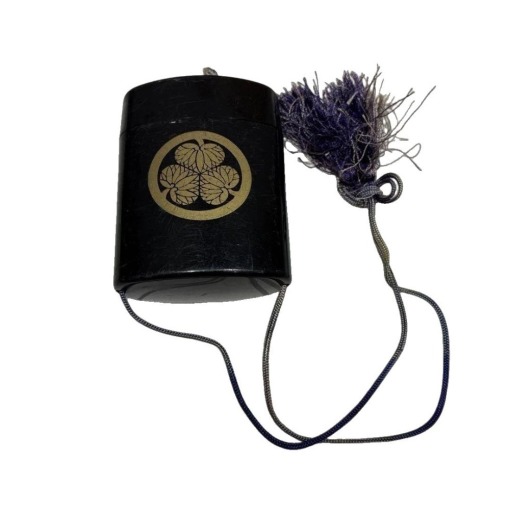Inro by Nishiyama Sho, Black Lacquer Style, with Cord and Tokugawa Aoi Crest.
