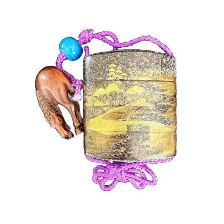 A lacquered inro with maki-e decoration, accompanied by a horse-shaped netsuke, signed "Ichisen."