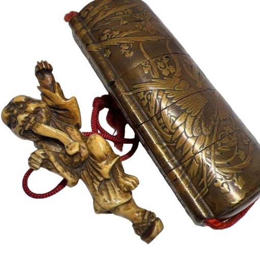 Netsuke of a Human Figure, Makie Lacquer, Uchi Nashiji Five-Tier Inro, 75g