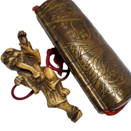 Netsuke of a Human Figure, Makie Lacquer, Uchi Nashiji Five-Tier Inro, 75g