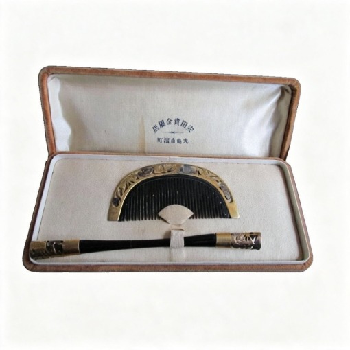 Gold and Silver Filigree Comb Set with Box