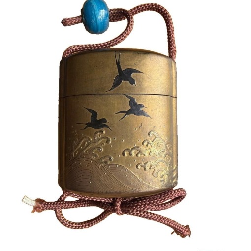 Antique Carving of Swallows and Waves Inro